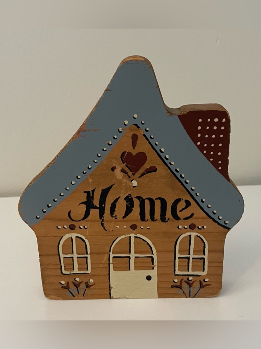 Vintage Decorative Wooden 'Home' House Wall Accent in Blue and Tan